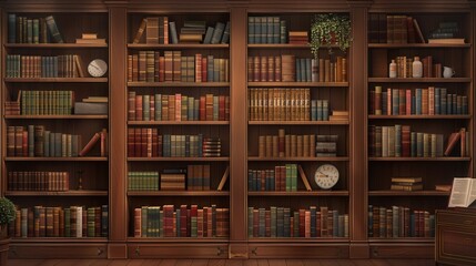 Fototapete - The wooden shelves are lined with numerous textbooks and academic literature, creating an inviting study atmosphere. Generative AI