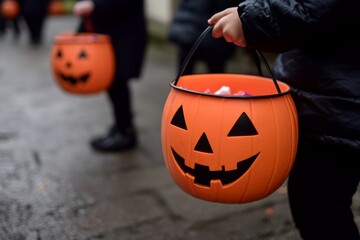 Children enjoy trick-or-treating with Jack-O-Lantern buckets while celebrating Halloween in their neighborhood at dusk