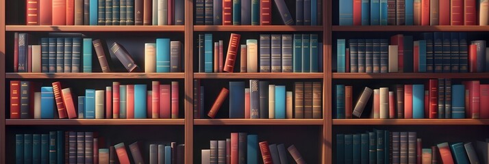 Poster - Wooden shelves are filled with a diverse collection of textbooks and academic literature, inviting study and exploration in a tranquil space. Generative AI