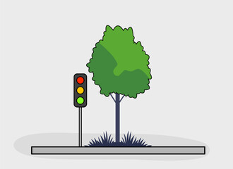 creative illustration of a traffic light next to a green tree on concrete floor. minimalist vector graphic