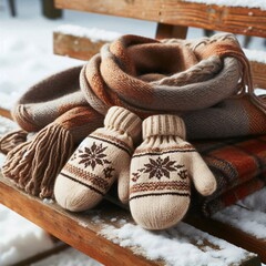 Wall Mural - Warm scarf and mittens resting on a wooden bench in the snow