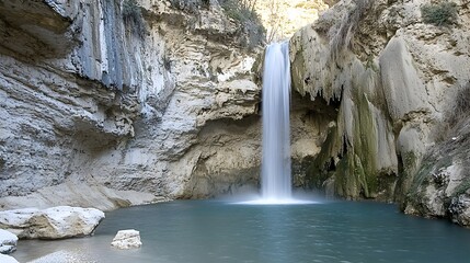 Majestic waterfall cascading through a rugged rocky canyon landscape with mist rising from the pool below showcasing the power and beauty of nature s wonders in an awe inspiring dramatic setting