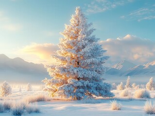 Wall Mural - fir tree adorned with snow-covered branches, standing tall against a crisp winter backdrop, embodying the beauty of nature and the tranquility of a snowy landscape