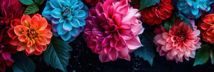 Aufkleber - Brightly colored flowers in various shapes and sizes create a stunning display, set against a contrasting black backdrop. Generative AI