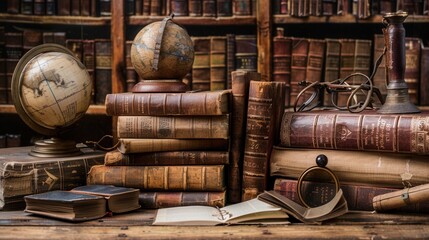 Poster - A collection of ancient books and scrolls is displayed prominently alongside globes and magnifying glasses in a historic library. Generative AI