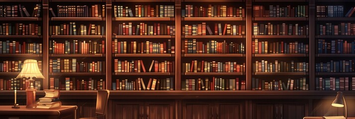 Aufkleber - The cozy study room features tall wooden shelves packed with a variety of textbooks and academic literature, illuminated by soft lighting. Generative AI