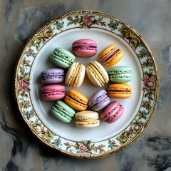 colorful array of macarons arranged on a decorative plate,generative ai