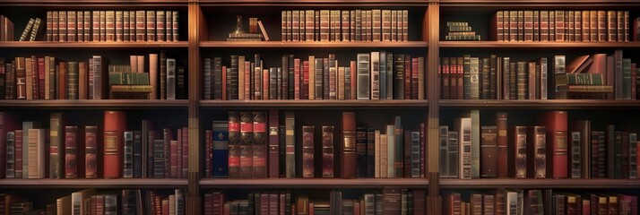 Fototapete - Well-organized wooden shelves display a vast array of textbooks and scholarly works, creating an inviting atmosphere for studying. Generative AI