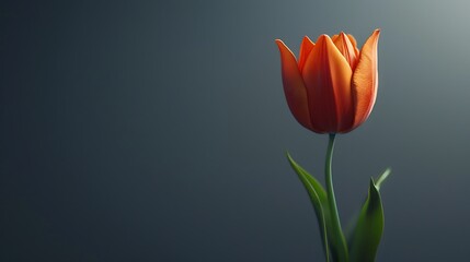 A bright orange tulip flower isolated on a dark gray background.