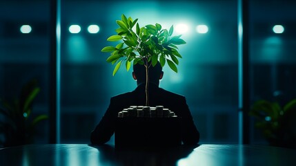 Businessman contemplating growth with money and nature