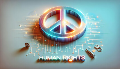 Wall Mural - Flat Glossy Holographic Peace Symbol with Human Rights Text - Isolated on White Background with Copy Space for Smart Business and Positive Messaging