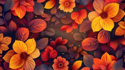 Sticker - A vibrant display of autumn leaves and flowers in warm hues showcases the season's richness and charm, highlighting nature's artistry. Generative AI