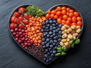 healthy diet food artfully arranged in a heart-shaped bowl, emphasizing nutrition and wellness, set against a clean backdrop ready for text or branding