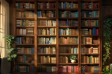 Sunlight streams through the window, illuminating wooden shelves stacked high with textbooks and academic literature in a serene study. Generative AI