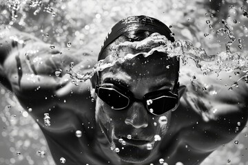 an olympic swimmer closeup capture in a grayscale style