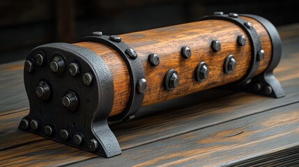 A wooden and metal cylindrical object with bolts, possibly decorative.