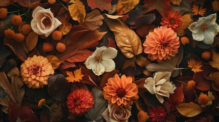 Poster - A beautiful arrangement of autumn leaves and flowers showcases warm tones, perfect for celebrating the fall season and enhancing any space. Generative AI