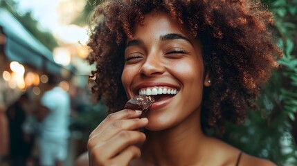 Sticker - happy woman eating hazelnut chocolate