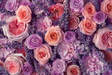 Sticker - Delicate roses blend seamlessly with lavender, forming a visually stunning pattern of soft colors that evoke tranquility and beauty. Generative AI