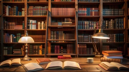 Aufkleber - The setup features wooden shelves stocked with various academic texts and literature, providing a warm atmosphere for study. Generative AI
