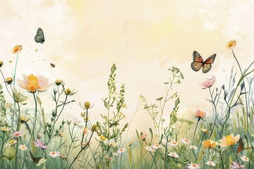 Aufkleber - A vibrant meadow blossoms with wildflowers as butterflies gracefully flutter amidst the blooms on a sunny afternoon. Generative AI