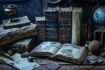 Poster - A variety of ancient books and scrolls are carefully arranged on a rustic table, showcasing their historical significance and charm. Generative AI