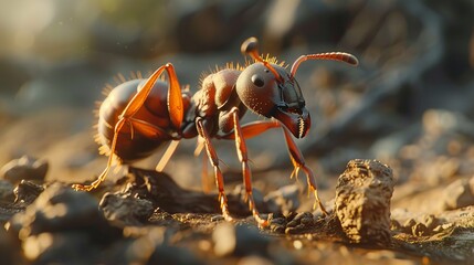 Close-Up of an Ant Carrying a Small Object, Highlighting Its Body Structure