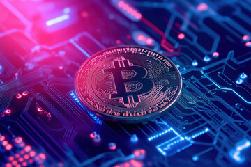 Bitcoin amid digital circuits at night