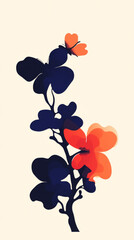 Sticker - Silhouette of a branch with leaves and an orange flower.