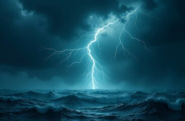 Dramatic thunderstorm over turbulent ocean waters showcasing bright lightning at dusk