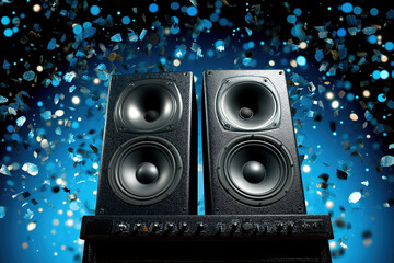 Speakers on a festive blue background