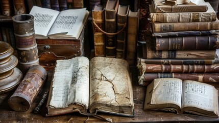 Poster - A collection of ancient books and scrolls rests on a rustic wooden table, showcasing historical artifacts from a distant past. Generative AI
