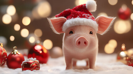 Adorable pig wearing a Santa hat, surrounded by festive decorations and soft snow. Perfect for Christmas themes and holiday celebrations, bringing joy and warmth.