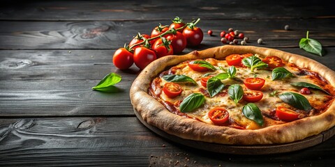 Wall Mural - A freshly baked pizza with melted cheese, tomato sauce, and fresh basil leaves on a rustic wooden surface, surrounded by ripe cherry tomatoes.