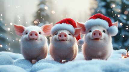 Three cute pigs wearing Santa hats playfully pose in the snow, surrounded by a magical winter landscape.