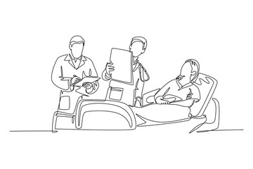 Wall Mural - Continuous one line drawing male doctor showing positive health progress report to female patient who laying at bed. Medical care treatment concept. Single line draw design vector graphic illustration