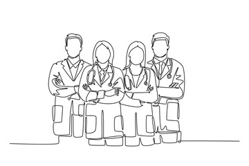 Wall Mural - Single continuous line drawing group of male and female doctor line up to celebrate their successful surgery operation. Team work services healthcare. One line draw graphic design vector illustration