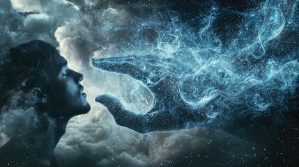 Wall Mural - a photographic image where on the right side a magnificent hand can be seen coming downward through 
