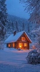 Poster - Cozy wooden cabin nestled in a snowy forest with warm light glowing from windows.