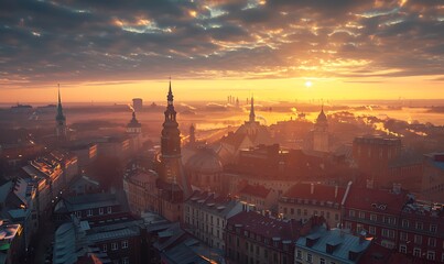 Cityscape of the old town of Tallinn in Estonia at sunset