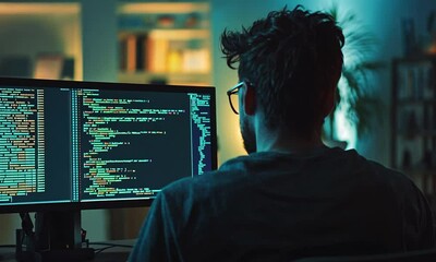 Programmer Working Late at Night with Code on Screen