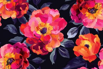 Wall Mural - Vividly colored flowers bloom against a dark backdrop, showcasing their intricate details and rich hues in a vivid display. Generative AI