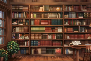 Aufkleber - Wooden shelves are filled with colorful textbooks and academic literature, creating a warm and inviting study environment for readers. Generative AI