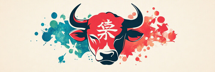 Sticker - A stylized bull's head with Chinese characters in red and black on a colorful watercolor background.