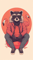 Canvas Print - Cool raccoon wearing sunglasses sits on a flamingo float.