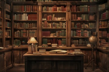 Poster - The room showcases wooden shelves brimming with textbooks and academic literature, complemented by a warm desk lamp and globe. Generative AI