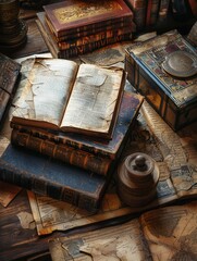 Poster - A diverse array of ancient books and scrolls rests atop a cluttered table, showcasing the rich history of literature and knowledge. Generative AI