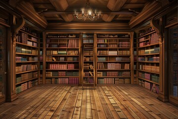 Aufkleber - Wooden shelves are brimming with a diverse collection of textbooks and academic literature, creating a scholarly atmosphere. Generative AI
