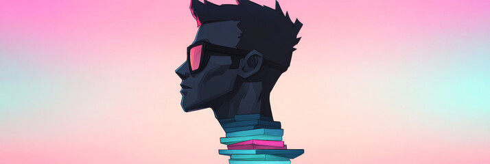 Canvas Print - Silhouette of a man with books stacked on his neck, against a pink and blue gradient background.