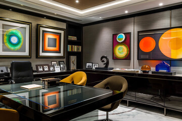 Wall Mural - contemporary home office with a sleek desk and vibrant art pieces. interior design